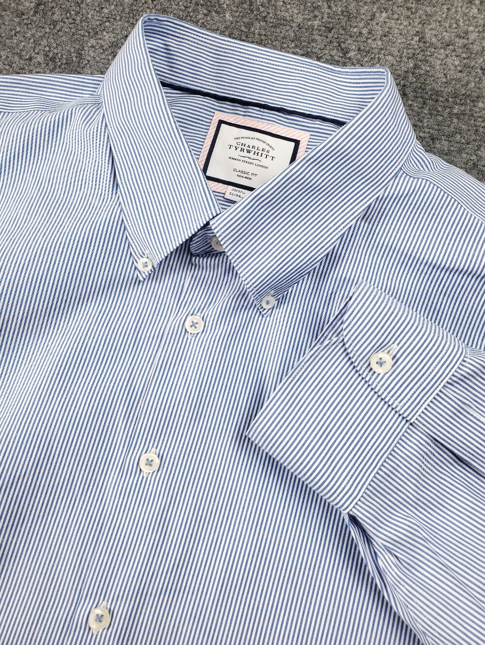 Charles Tyrwhitt Non Iron Button Down Dress Shirt 20 37 Classic Blue Striped